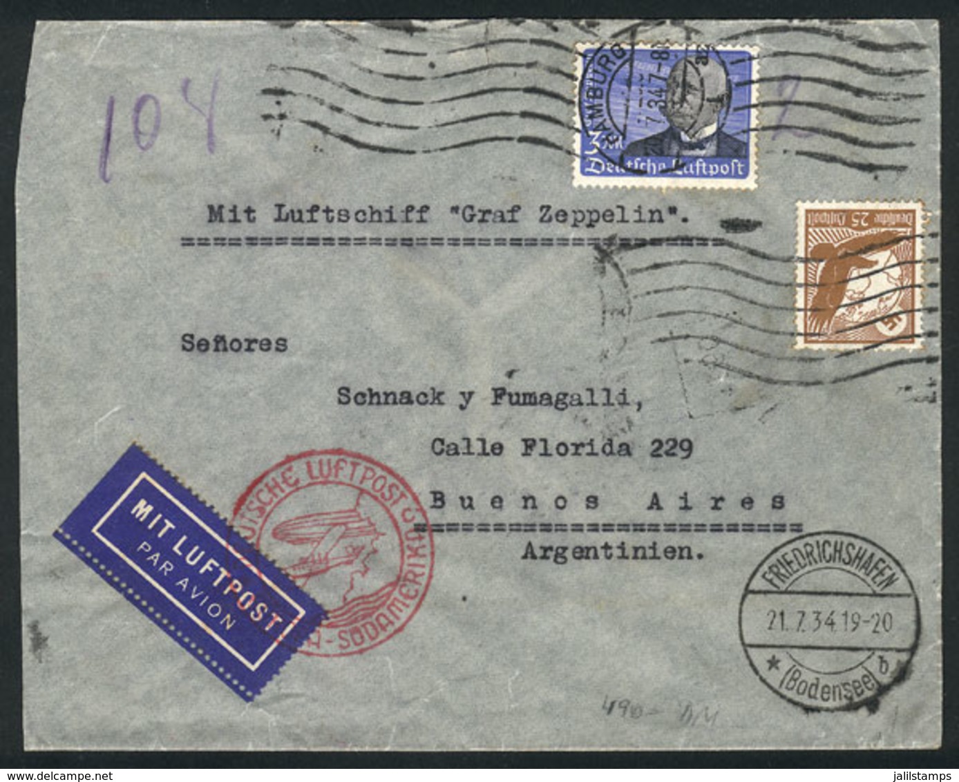 37 GERMANY: Cover Sent Via Zeppelin From Hamburg To Buenos Aires On 20/JUL/1934 Fra - Altri & Non Classificati