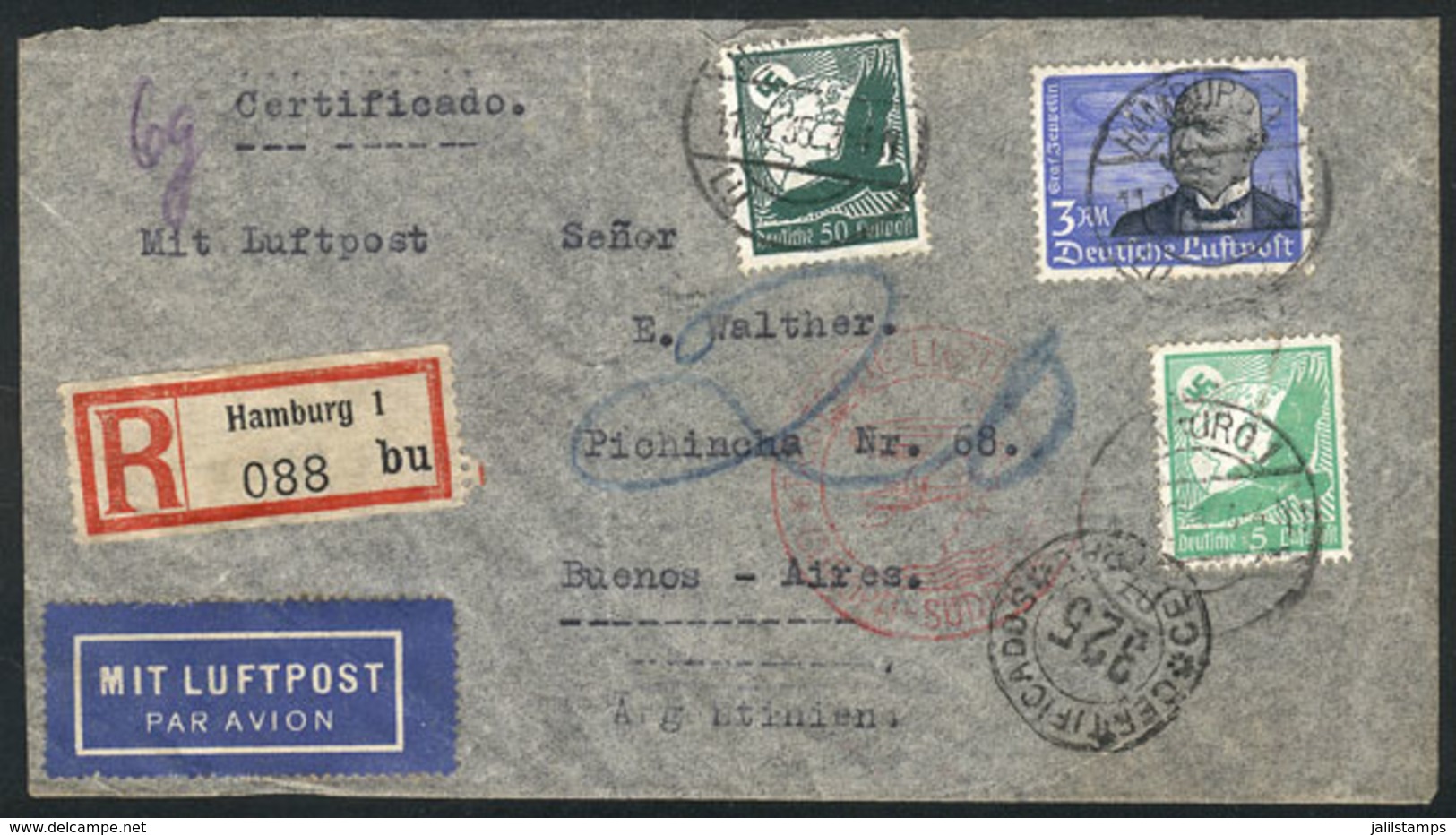 42 GERMANY: Registered Airmail Cover Sent From Hamburg To Buenos Aires On 11/SE/193 - Sonstige & Ohne Zuordnung