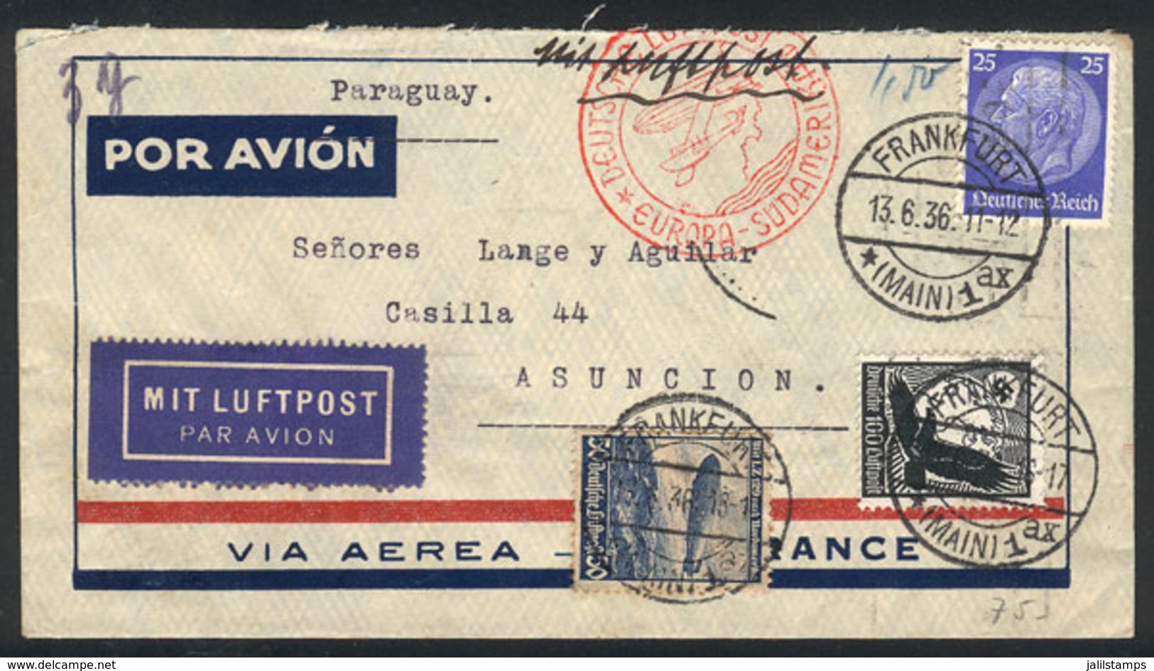 44 GERMANY: Airmail Cover Sent From Frankfurt To PARAGUAY On 13/JUN/1936, VF Qualit - Altri & Non Classificati