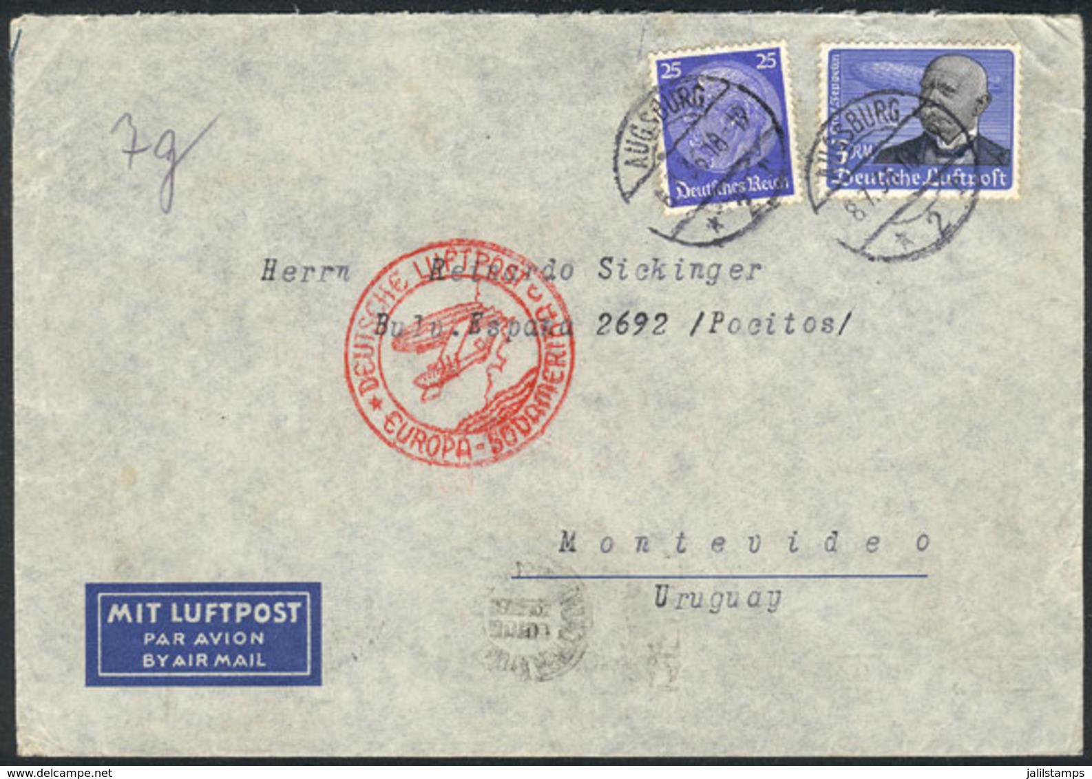 45 GERMANY: Airmail Cover Franked With 3.25RM., Sent From Augsburg To Montevideo (U - Other & Unclassified