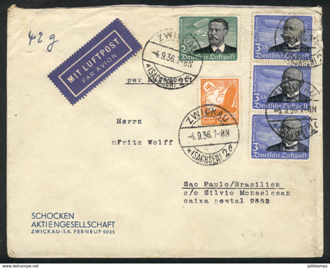 49 GERMANY: Airmail Cover Sent From Zwickau To Sao Paulo (Brazil) On 4/SE/1936 Fran - Other & Unclassified