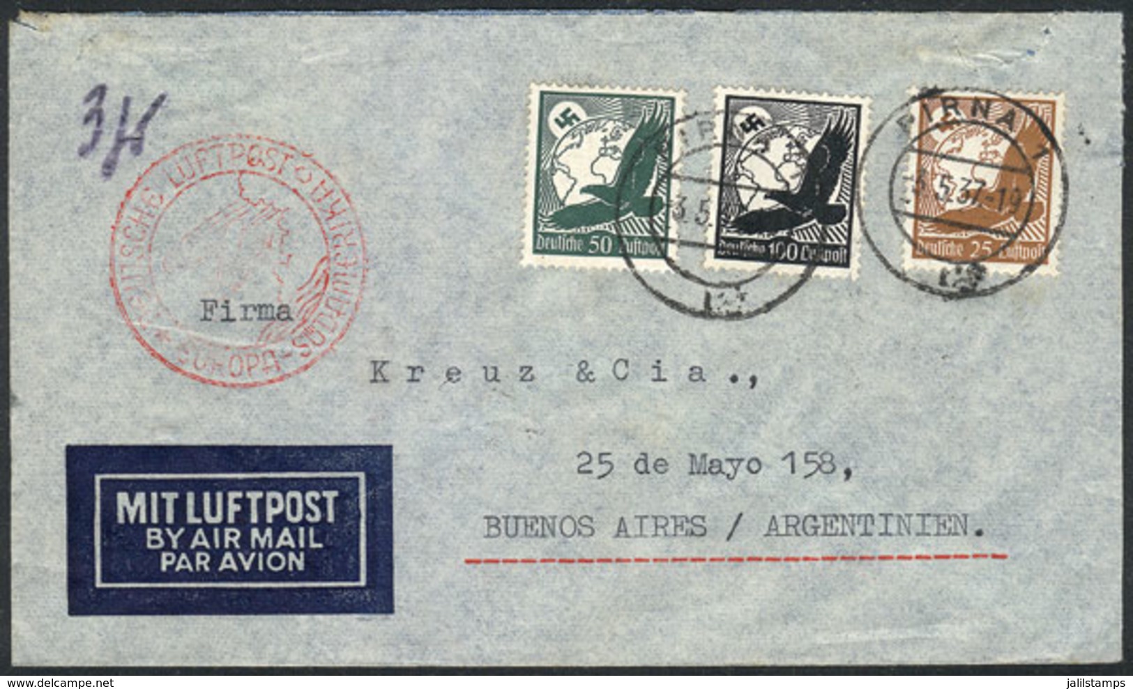 51 GERMANY: Airmail Cover Sent From Pirna To Argentina On 3/MAY/1937, Franked With - Other & Unclassified