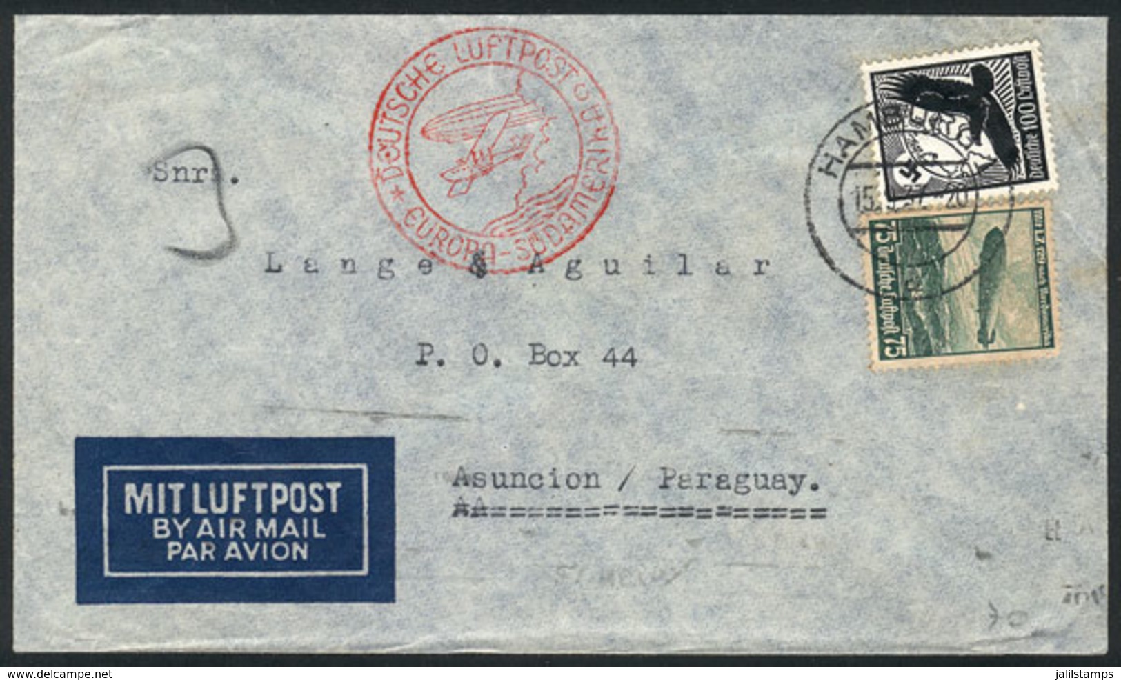 52 GERMANY: Airmail Cover Sent From Hamburg To PARAGUAY On 15/SE/1937, VF Quality! - Otros & Sin Clasificación