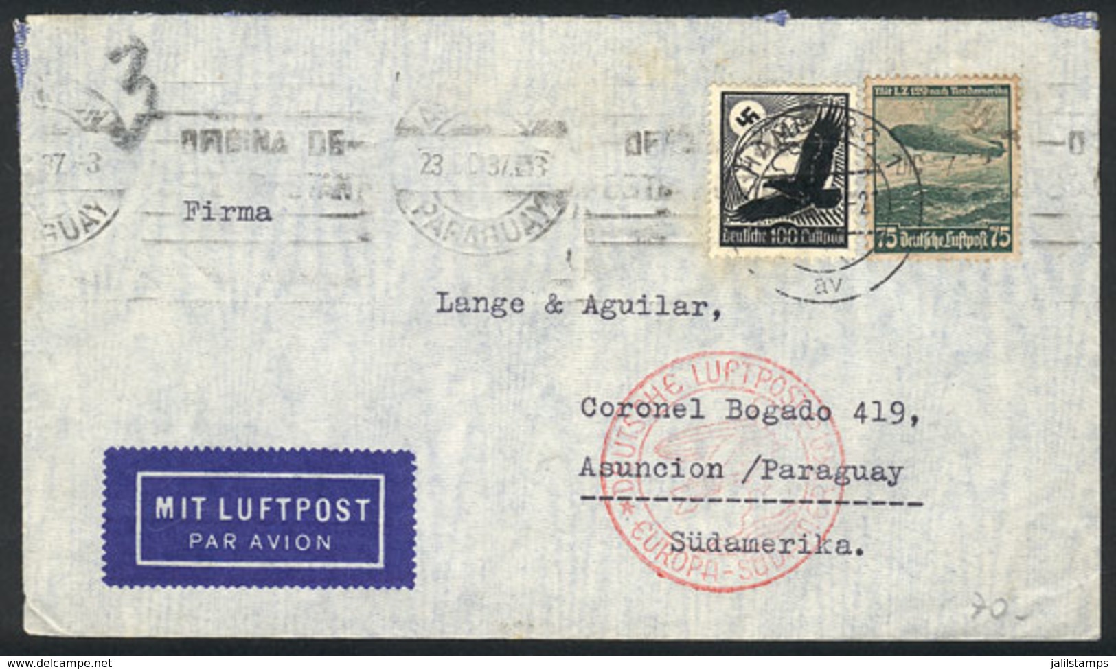 53 GERMANY: Airmail Cover Sent From Hamburg To PARAGUAY On 14/DE/1937, VF Quality! - Altri & Non Classificati