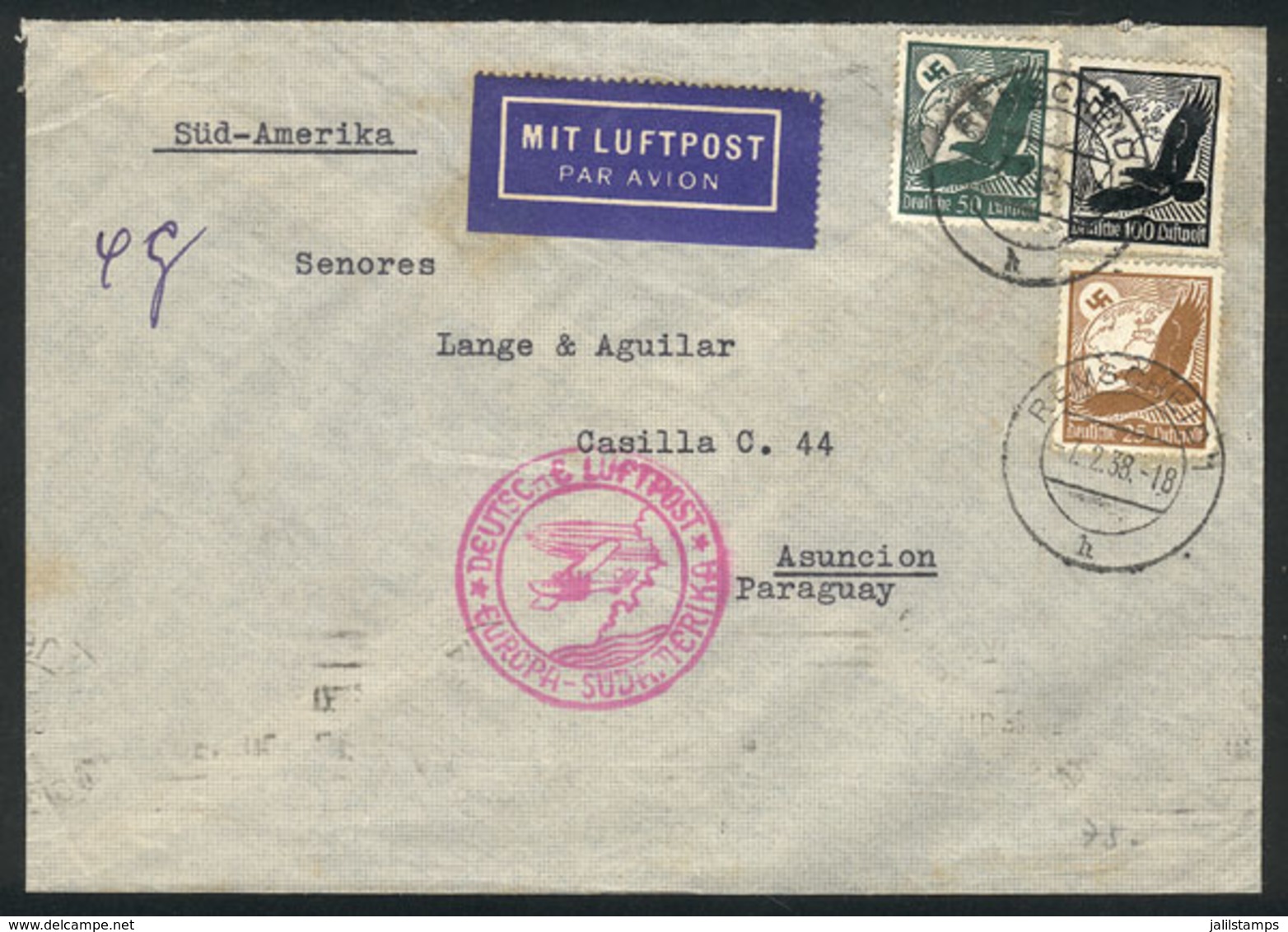 54 GERMANY: Airmail Cover Sent From Remscheid To PARAGUAY On 7/FE/1938, Fine Qualit - Altri & Non Classificati