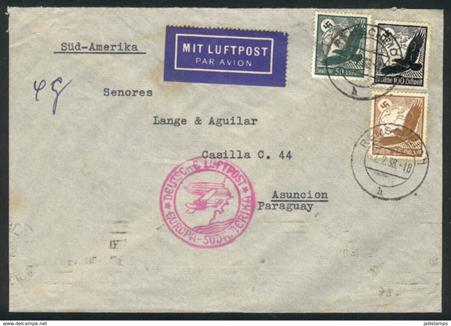 54 GERMANY: Airmail Cover Sent From Remscheid To PARAGUAY On 7/FE/1938, Fine Qualit - Autres & Non Classés