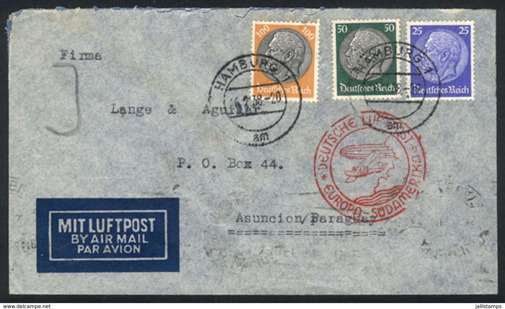 55 GERMANY: Airmail Cover Sent From Hamburg To PARAGUAY On 16/FE/1938, Franked With - Otros & Sin Clasificación