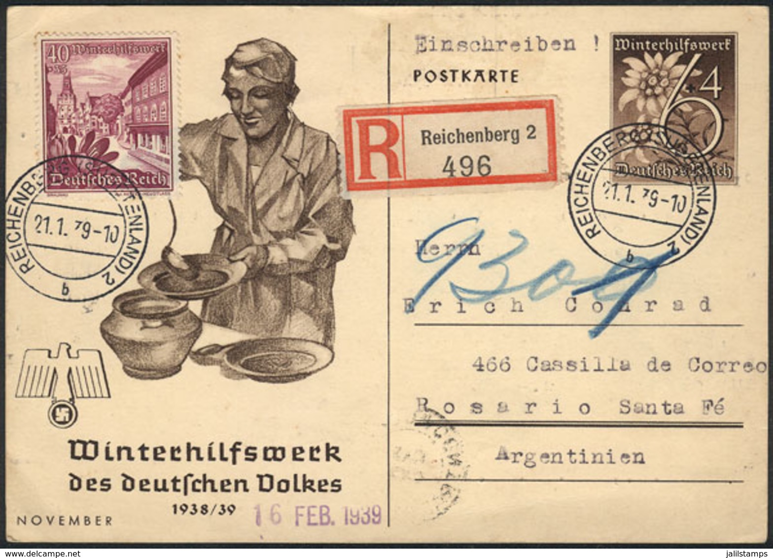 58 GERMANY: 6+4Pf. Illustrated Postal Card (topic NAZI) + Stamp Of 40+35Pf., Sent B - Other & Unclassified