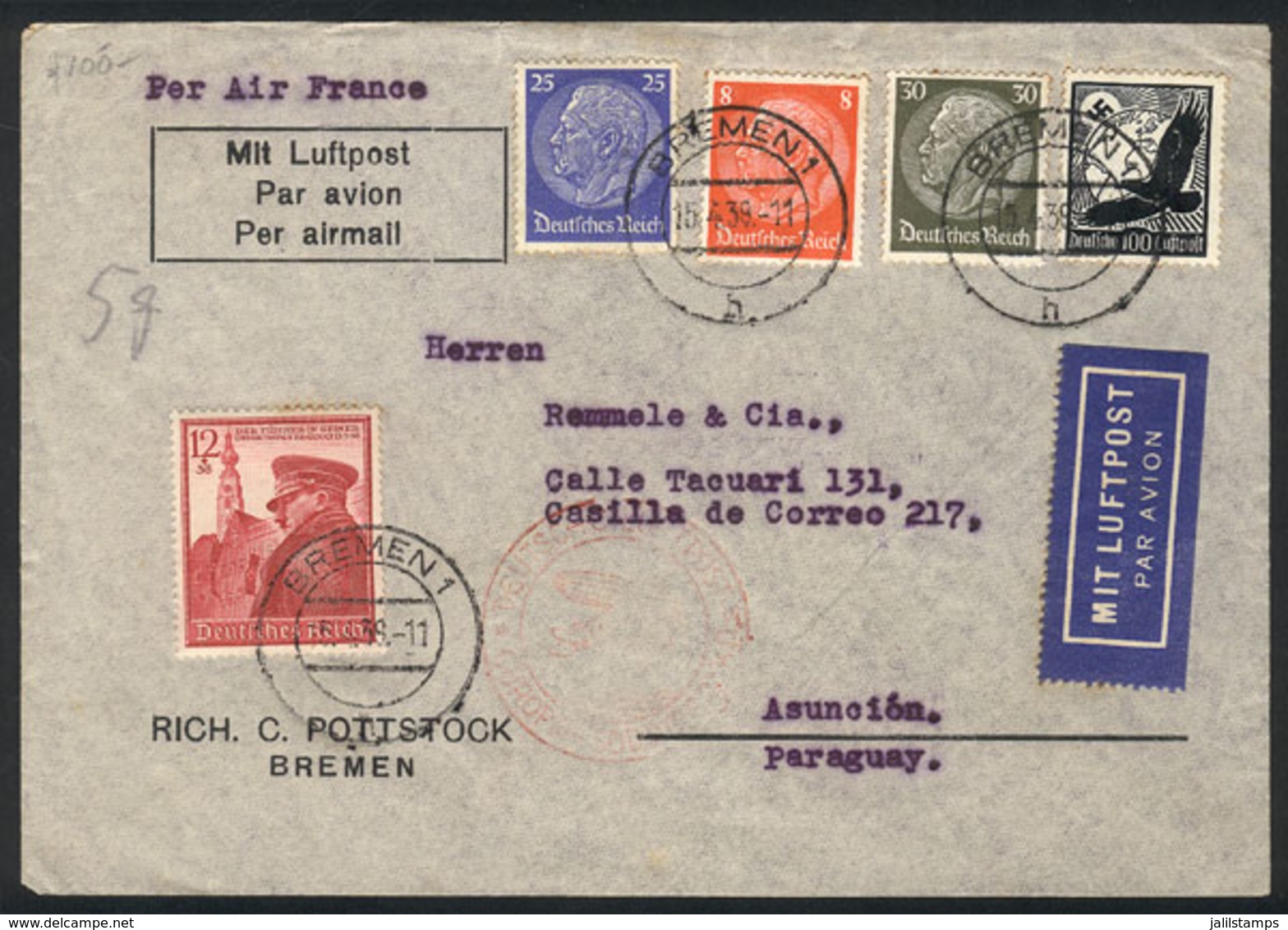 59 GERMANY: Airmail Cover Sent From Bremen To PARAGUAY On 15/AP/1939 With Nice 5-co - Autres & Non Classés