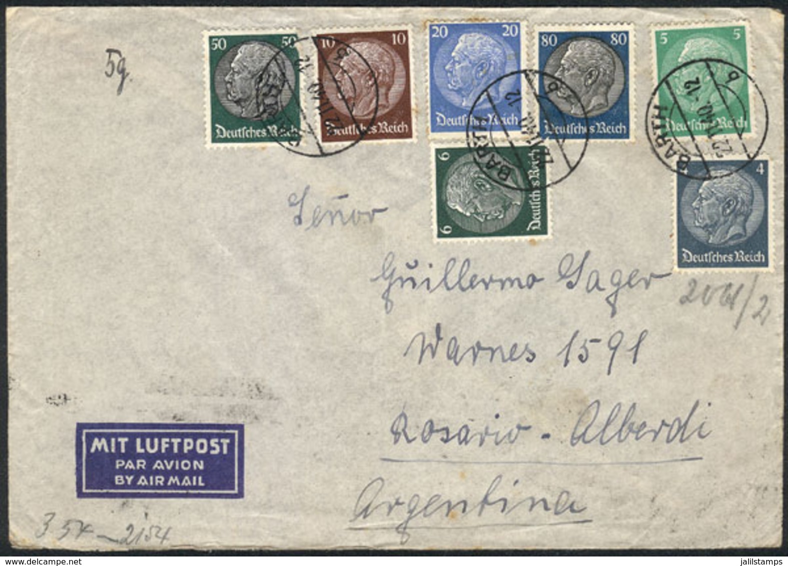 60 GERMANY: Airmail Cover Franked With 1.75Mk. (7 Different Stamps!), Sent From Bar - Other & Unclassified