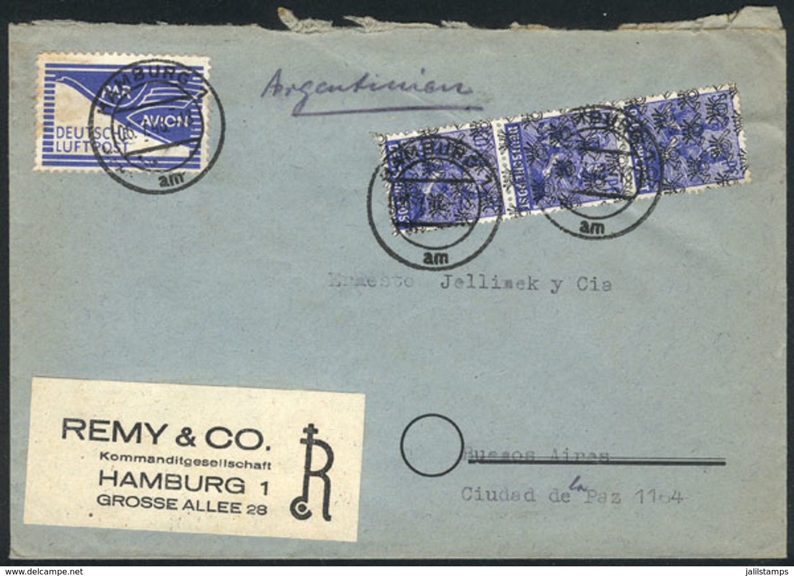 62 GERMANY: Airmail Cover Sent From Hamburg To Buenos Aires On 6/JUL/1948, It Bears - Otros & Sin Clasificación