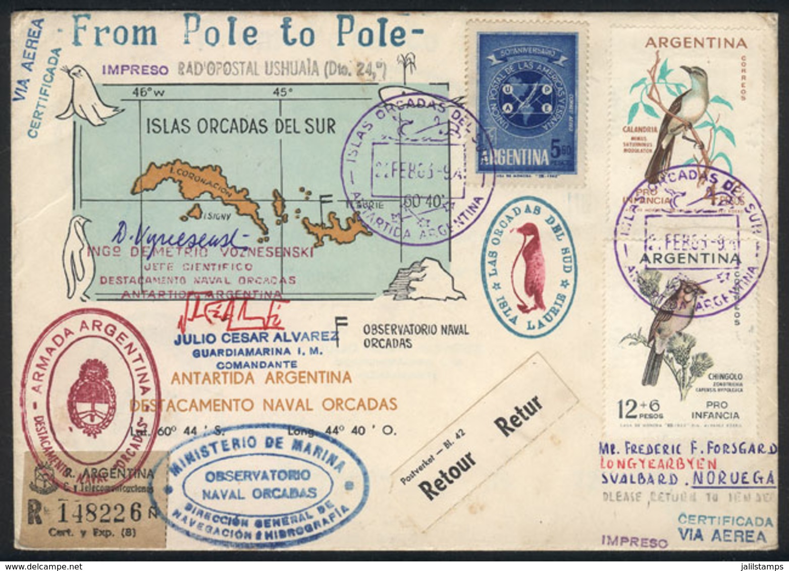 90 ARGENTINE ANTARCTICA (ORKNEY ISLANDS): MAIL SENT FROM SOUTH POLE TO NORTH POLE: - Otros & Sin Clasificación