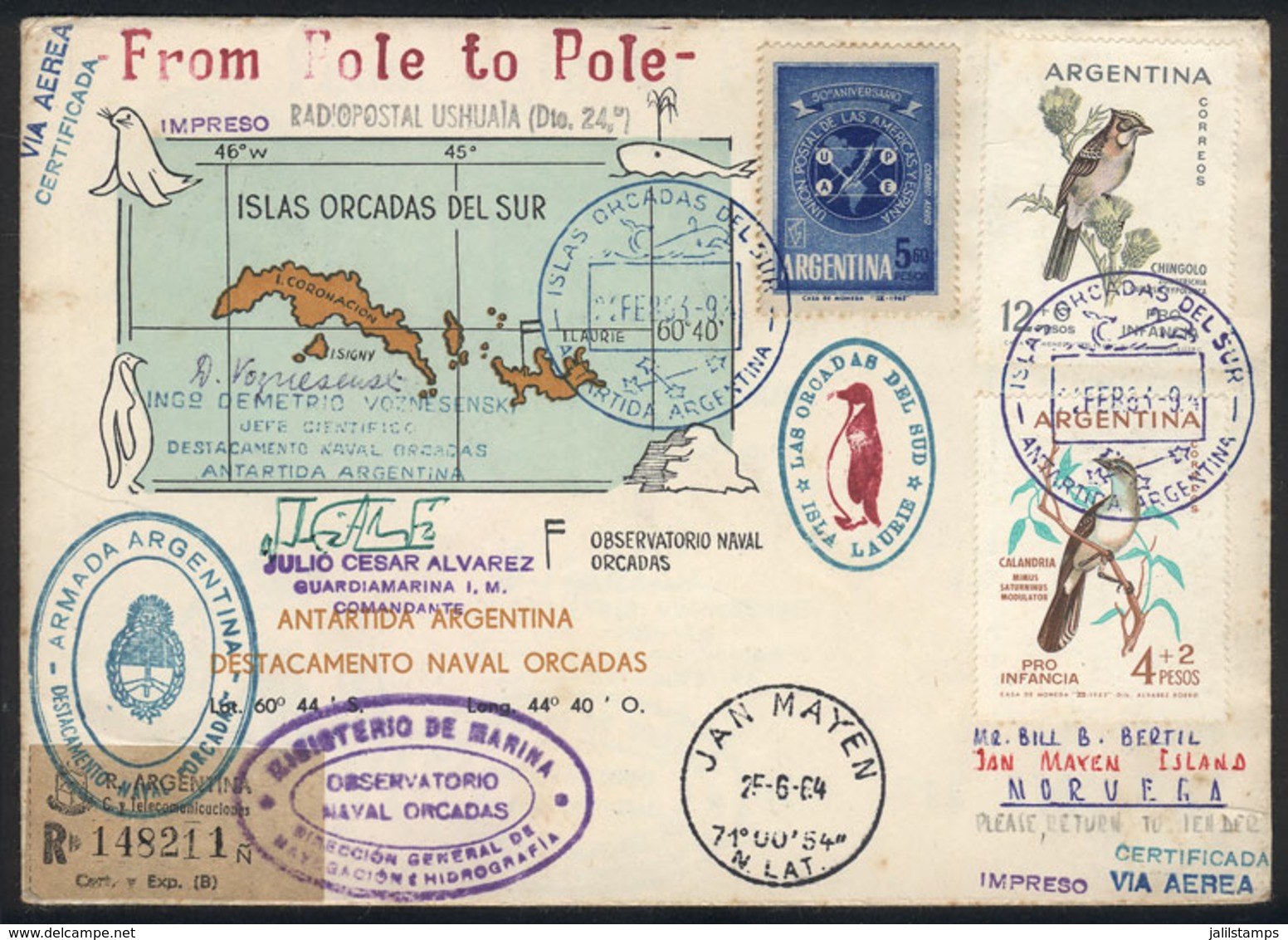 91 ARGENTINE ANTARCTICA (ORKNEY ISLANDS): MAIL SENT FROM SOUTH POLE TO NORTH POLE: - Otros & Sin Clasificación