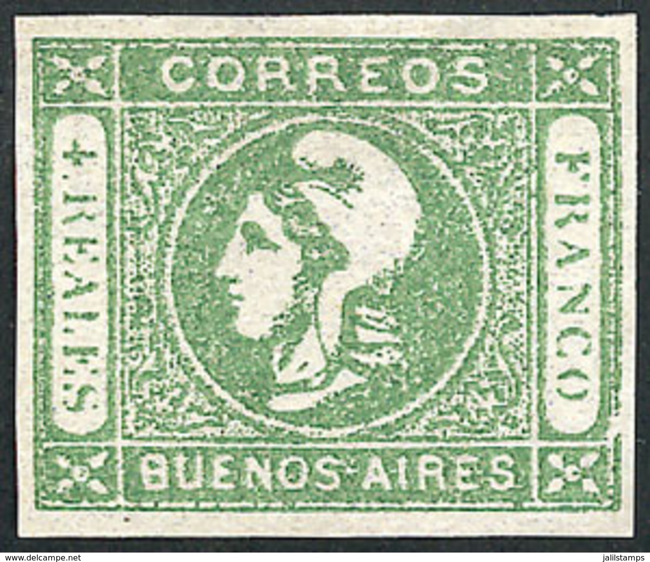 103 ARGENTINA: "GJ.16, 4R. Green, Dull Impression, With Variety ""frame Line Broken - Buenos Aires (1858-1864)