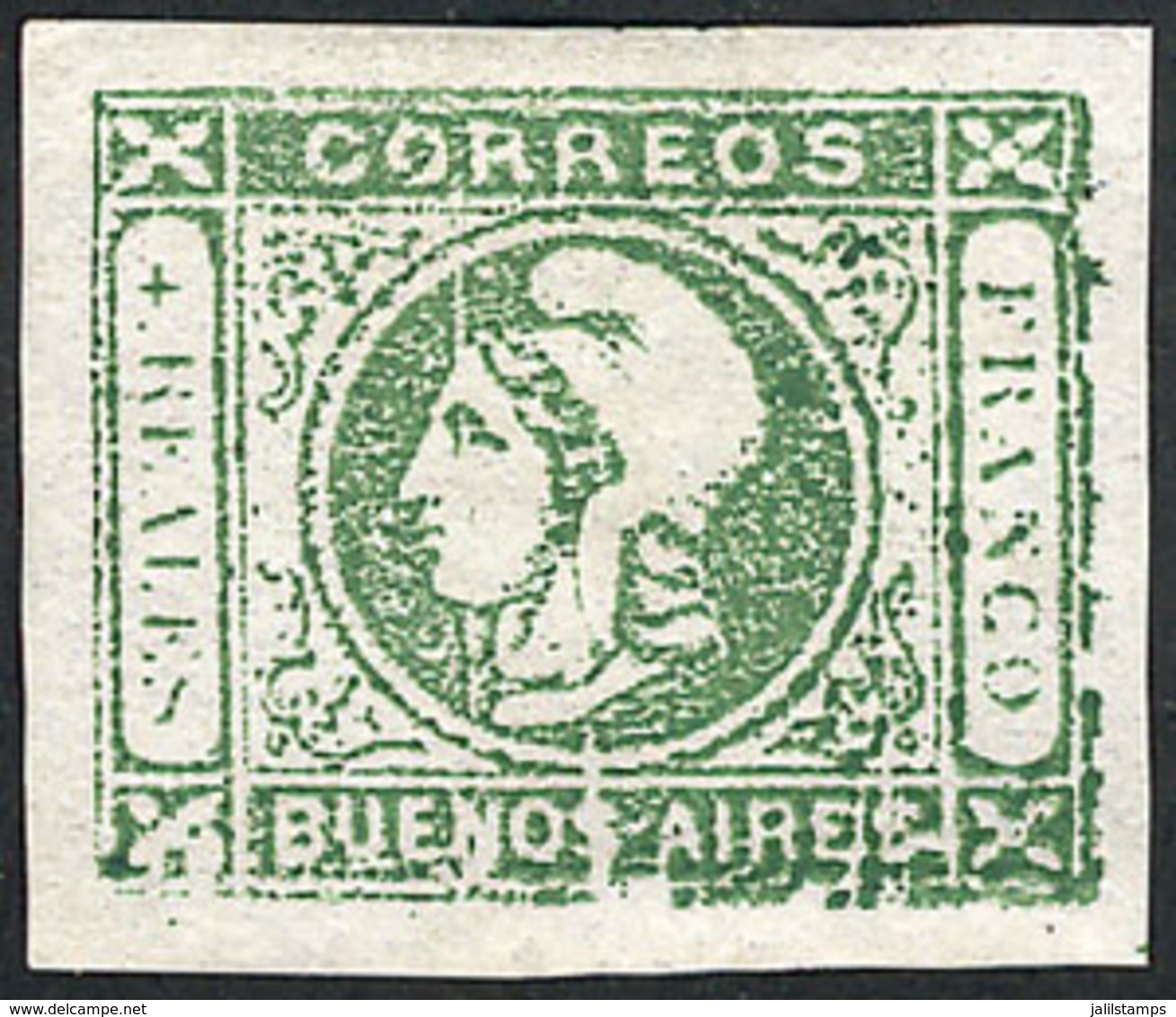 104 ARGENTINA: "GJ.16, 4R. Green, With Variety ""bottom Frame Incomplete And Several - Buenos Aires (1858-1864)