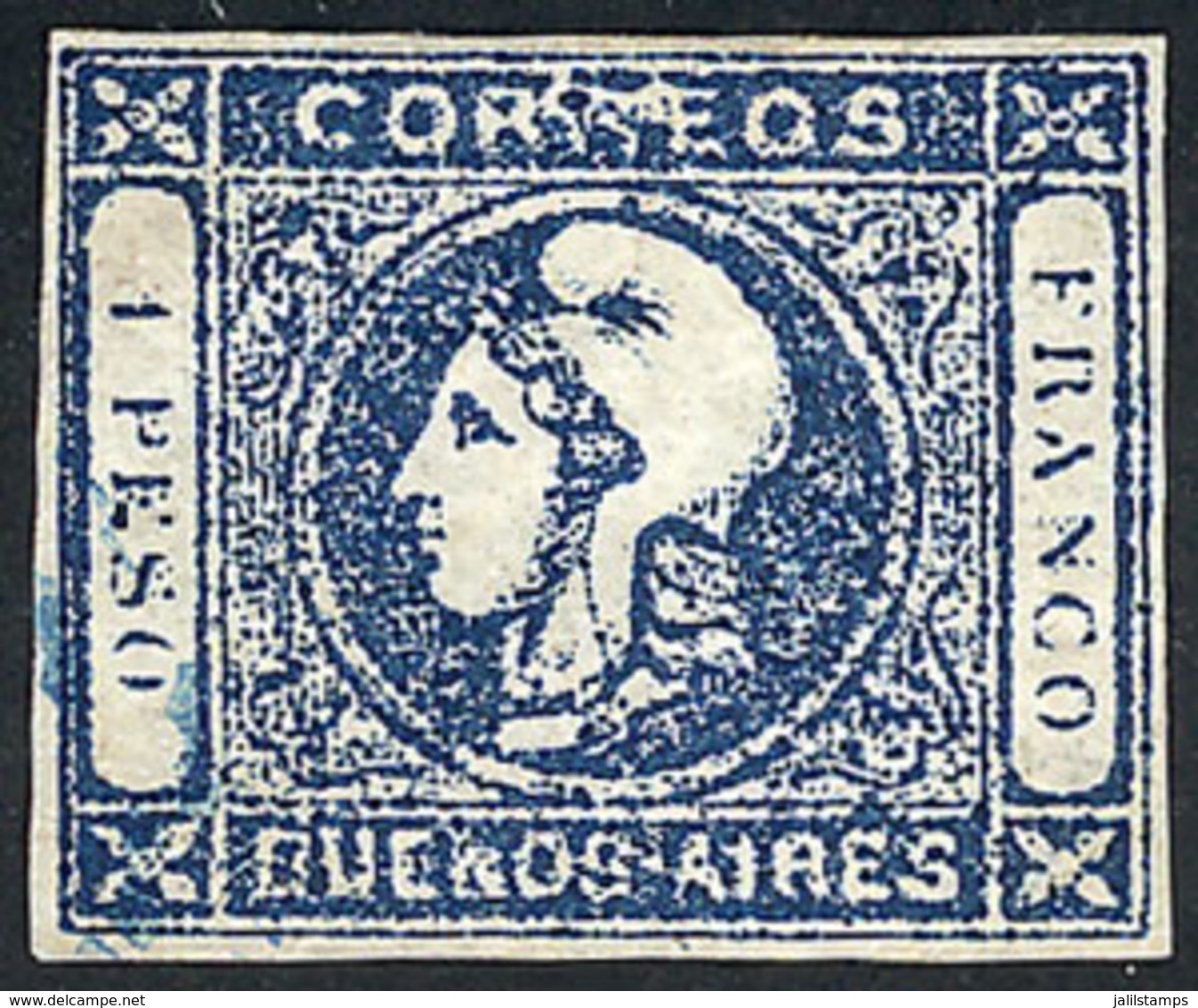 108 ARGENTINA: "GJ.17, 1P. Dark Blue, Worn Impression, With Very Interesting Variety - Buenos Aires (1858-1864)