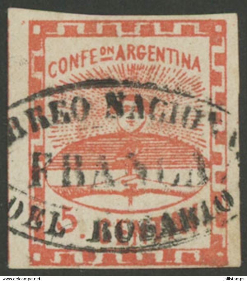 128 ARGENTINA: GJ.1, 5c. Small Figures, With Rosario Cancel Almost Complete, VF Qual - Otros & Sin Clasificación