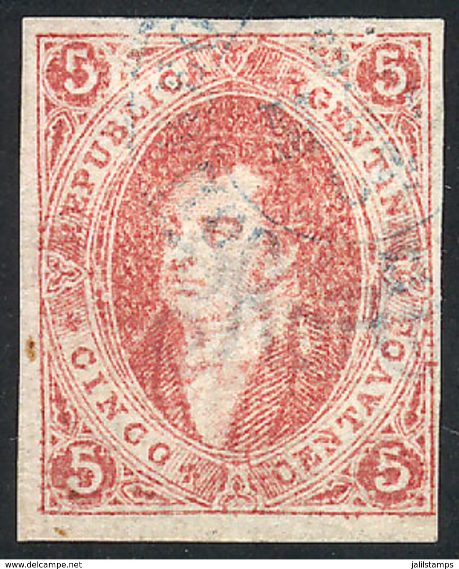 151 ARGENTINA: GJ.16d, 5c. Of 1st Printing Imperf, Ribbed Paper, With Blue Datestamp - Otros & Sin Clasificación