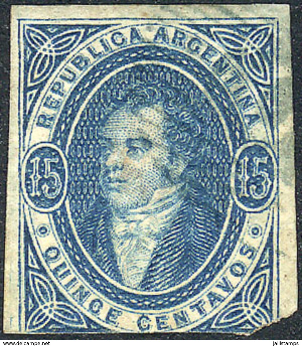 152 ARGENTINA: GJ.18, 15c. Blue, Clear Impression, 1st Printing IMPERFORATE, With 3 - Otros & Sin Clasificación