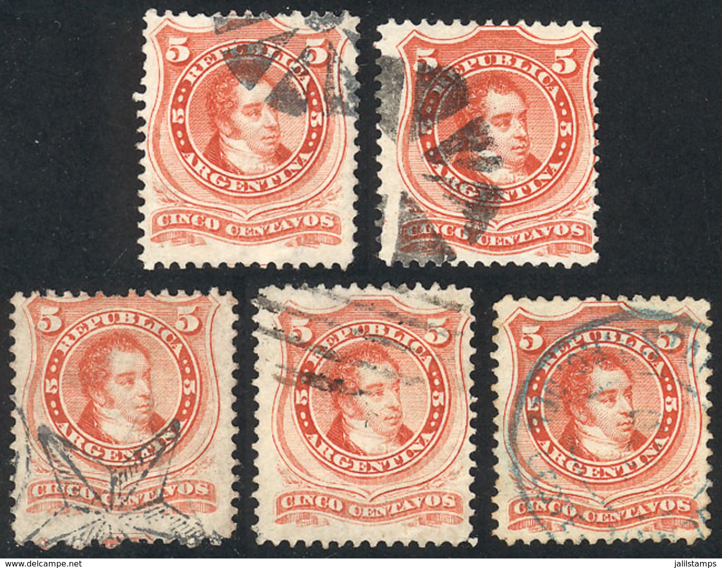 195 ARGENTINA: "GJ.38, 5 Examples With Different Cancels: 4 Mute (wedges, Star Of Có - Autres & Non Classés