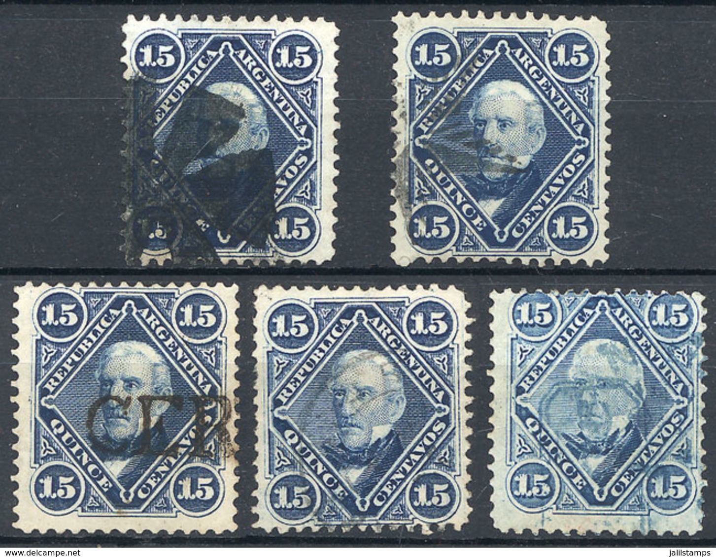 199 ARGENTINA: GJ.40 + 41, 1867 15c. San Martín, 5 Examples With Different Cancels ( - Autres & Non Classés