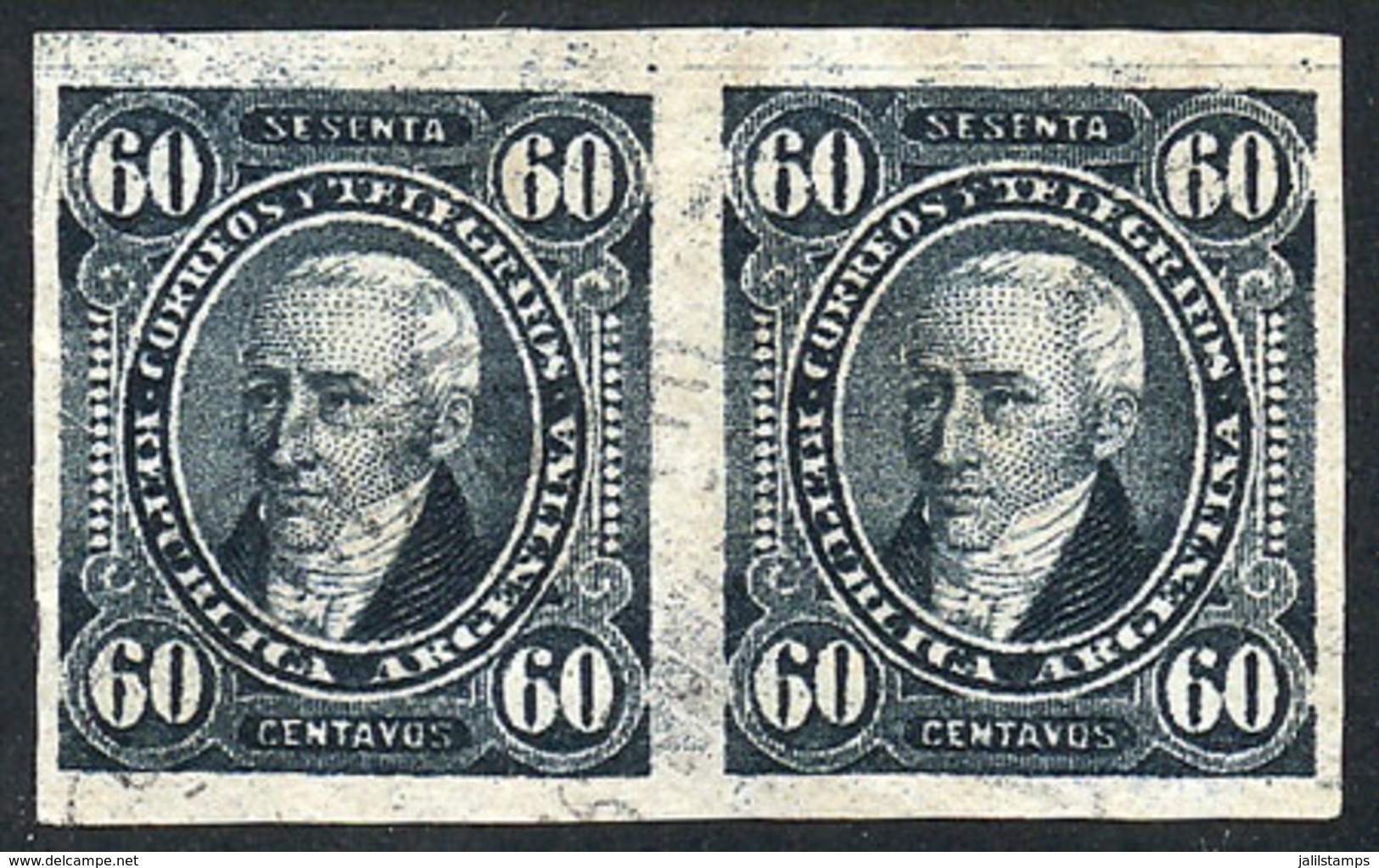 210 ARGENTINA: GJ.114P, 1889 60c. Posadas, Used IMPERFORATE PAIR, Extremely Rare, Ex - Autres & Non Classés