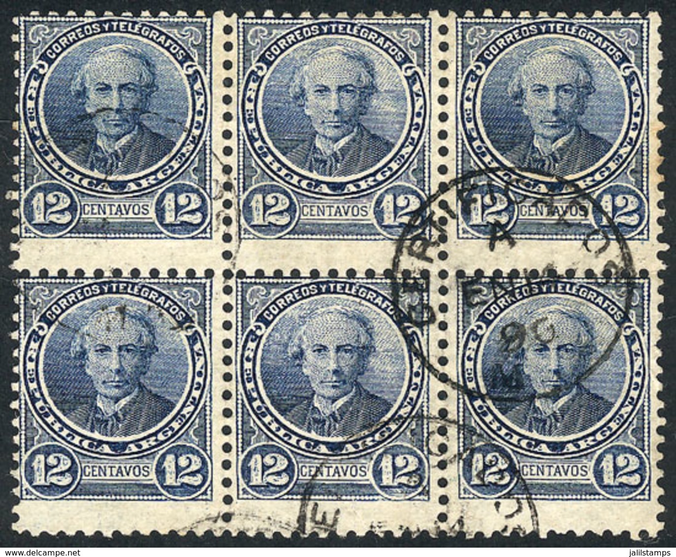 214 ARGENTINA: "GJ.129, 12c. Alberdi With COUMPOUND Perforation, Used Block Of 6 Wit - Other & Unclassified