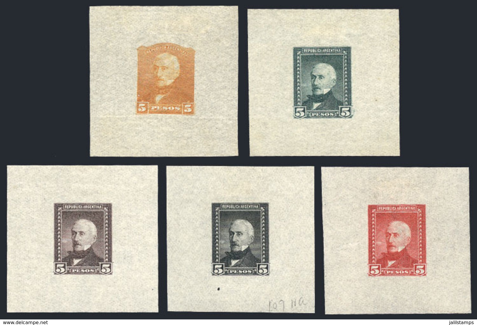 218 ARGENTINA: GJ.151, 5P. San Martín, Lot Of 5 DIE ESSAYS Of Unadopted Designs, Exc - Other & Unclassified