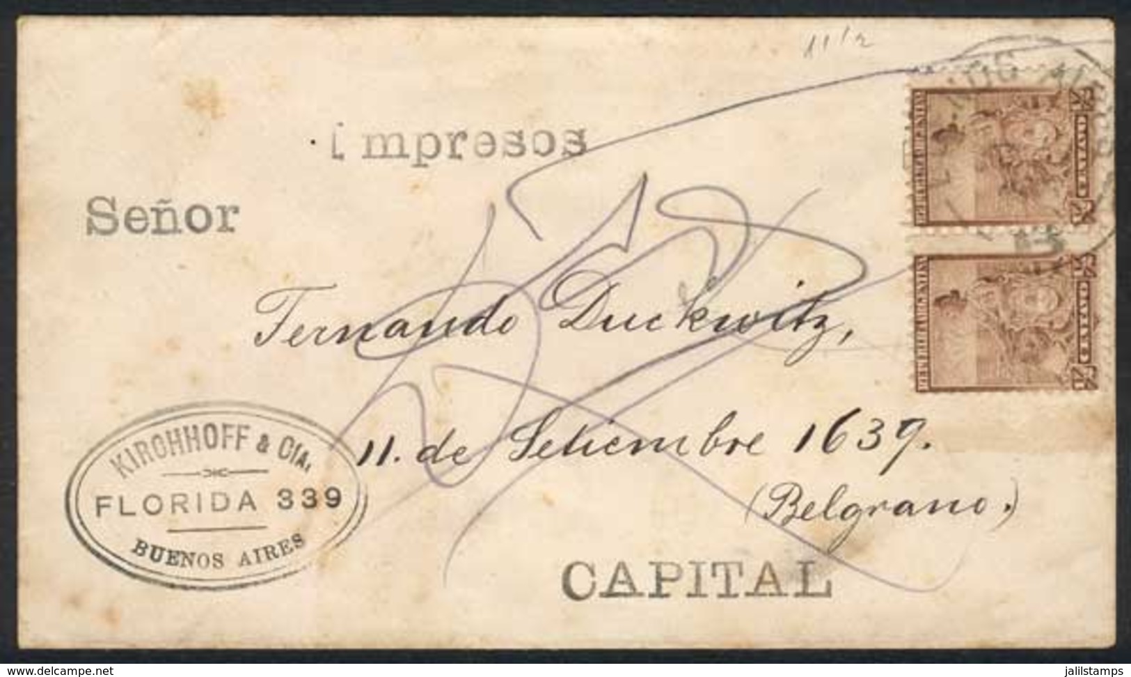 222 ARGENTINA: GJ.217, Pair ½c. Liberty Franking A Cover With PRINTER MATTER Used In - Otros & Sin Clasificación