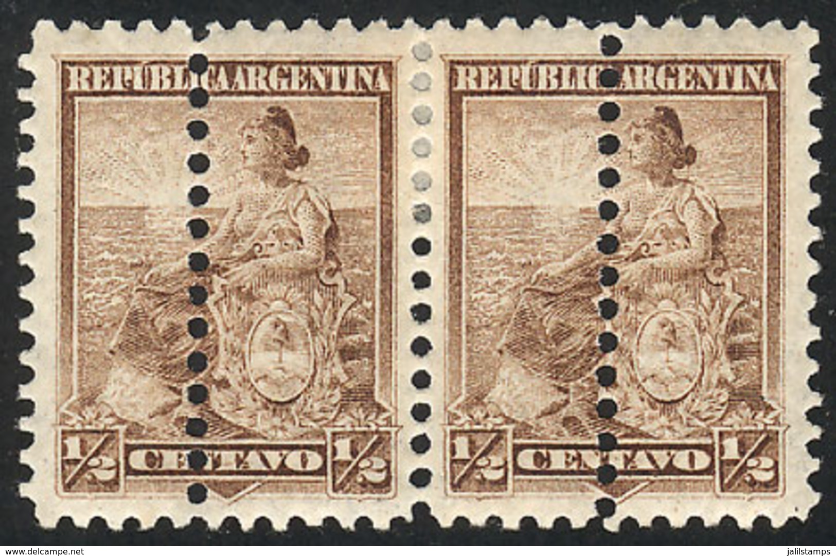 223 ARGENTINA: GJ.217, 1899 ½c. Liberty, Pair With DOUBLE VERTICAL PERFORATION, VF, - Other & Unclassified