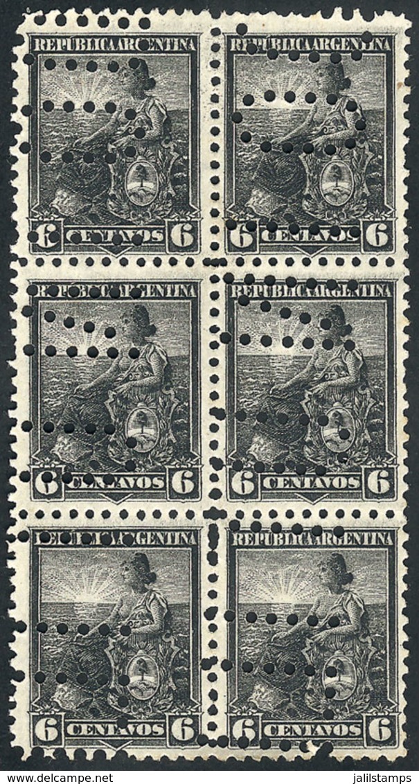 224 ARGENTINA: "GJ.223, 1899 6c. Liberty, Block Of 6 Punched With Bulk Mail Cancel " - Other & Unclassified