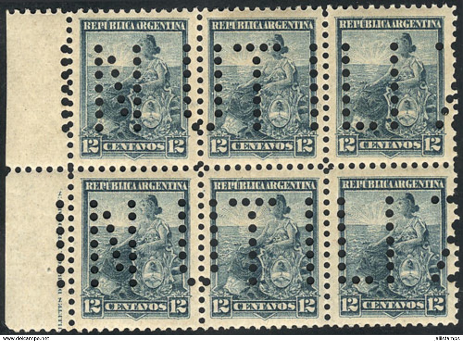 225 ARGENTINA: "GJ.225, 1899 12c. Liberty, Block Of 6 Punched With Bulk Mail Cancel - Autres & Non Classés