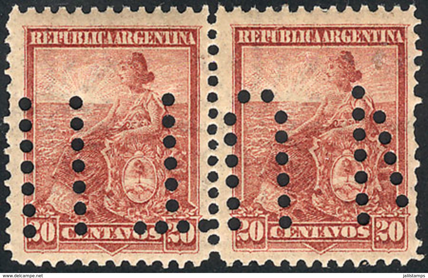 228 ARGENTINA: "GJ.251, 1899 20c. Liberty PERFORATION 12, Pair With Bulk Mail Cancel - Otros & Sin Clasificación