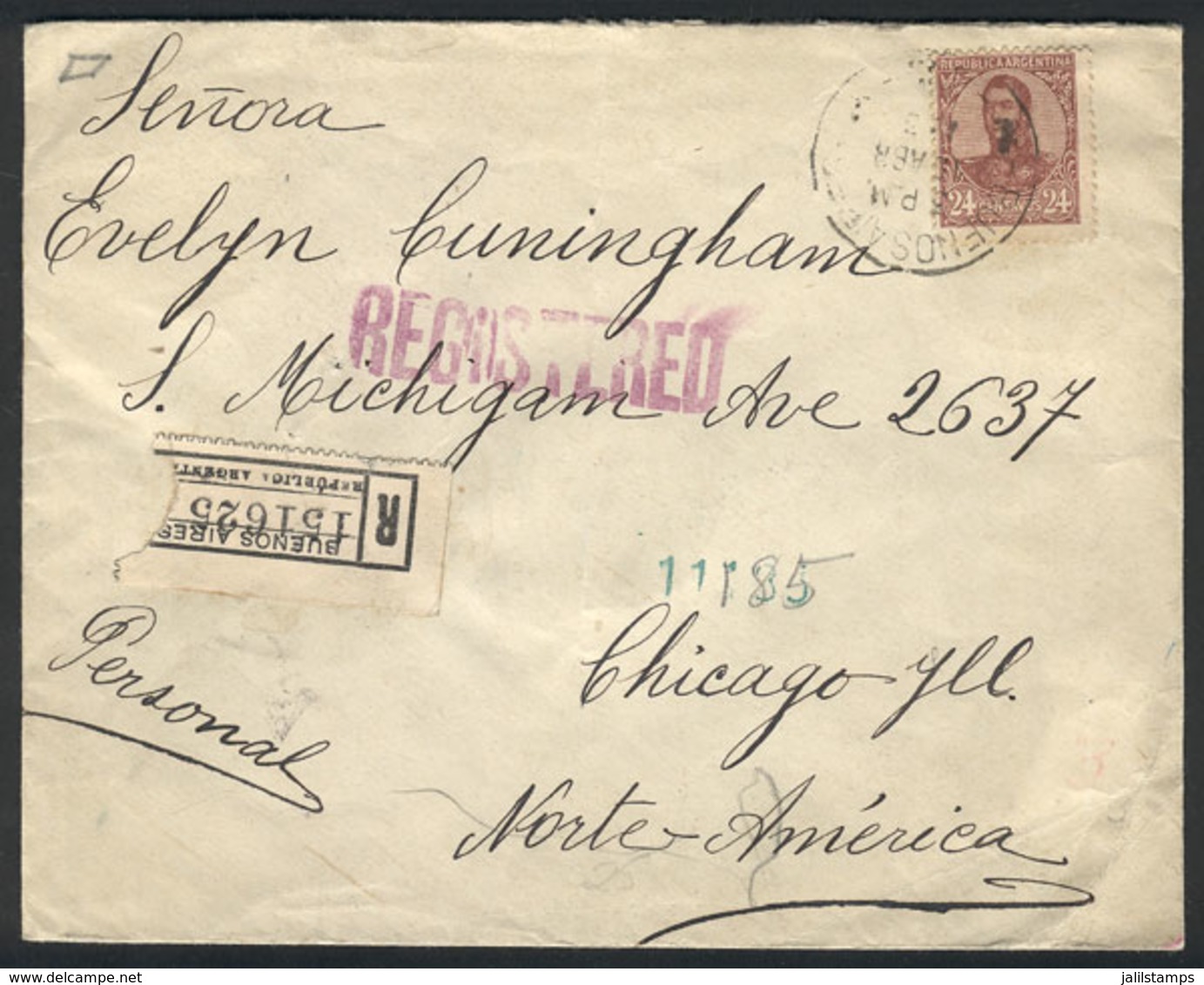 229 ARGENTINA: GJ.297, 24c. San Martín In Oval, Franking ALONE A Registered Cover Se - Other & Unclassified