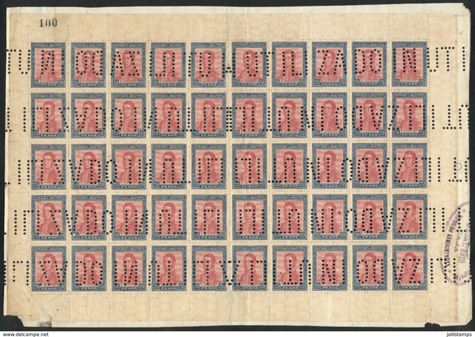 235 ARGENTINA: "GJ.455O, 1917 20P. San Martín, Complete Sheet With Bulk Mail Cancel - Autres & Non Classés