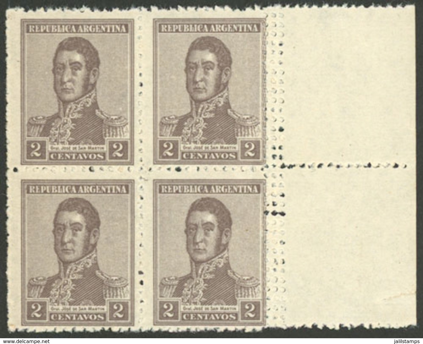 237 ARGENTINA: GJ.459, Block Of 4 With TRIPLE Vertical Perforation Var. At Right, Ex - Otros & Sin Clasificación