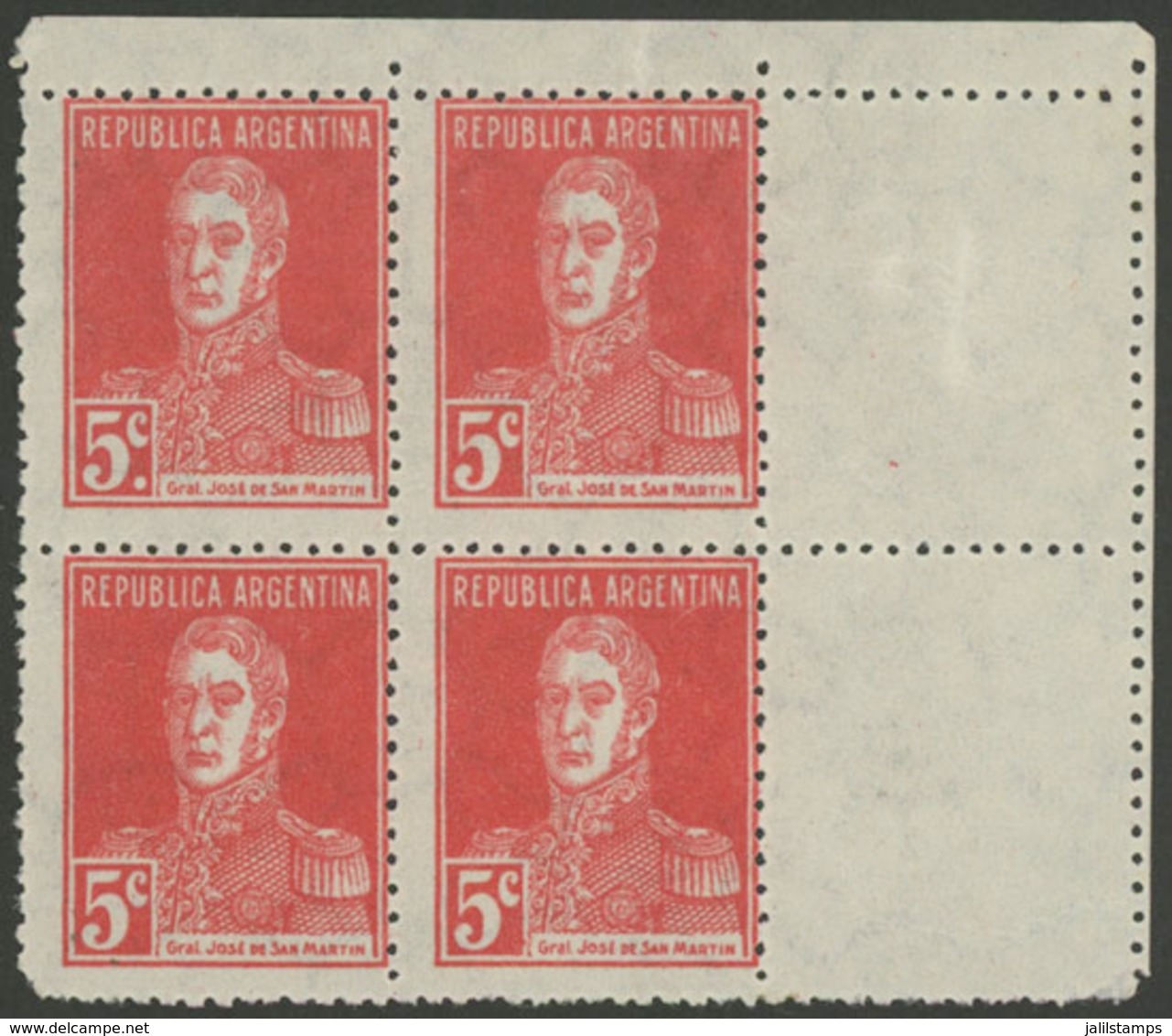 252 ARGENTINA: GJ.599CD + 599dCD, 1924 5c. San Martín W/o Period, Corner Block Of 4 - Other & Unclassified