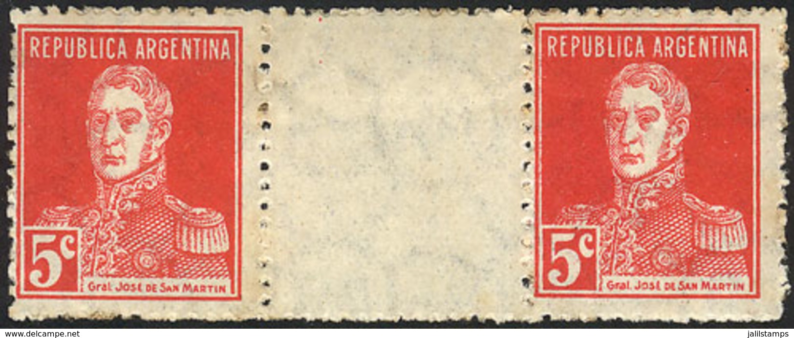 253 ARGENTINA: GJ.599EV, 5c. San Martín W/o Period, Horizontal Gutter Pair, Mint No - Otros & Sin Clasificación