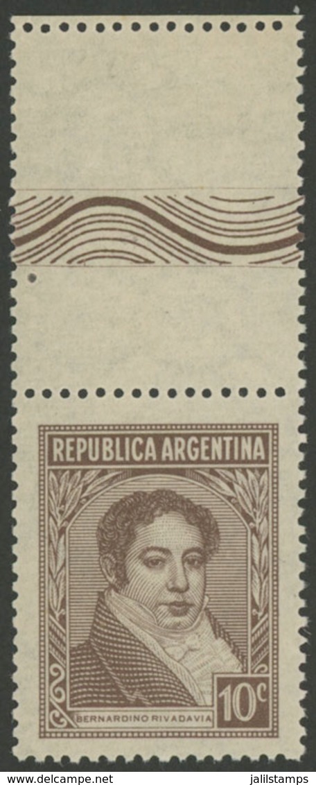 269 ARGENTINA: GJ.774CA, 1935/52 10c. Rivadavia, Unsurfaced Paper, WITH LABEL AT TOP - Other & Unclassified