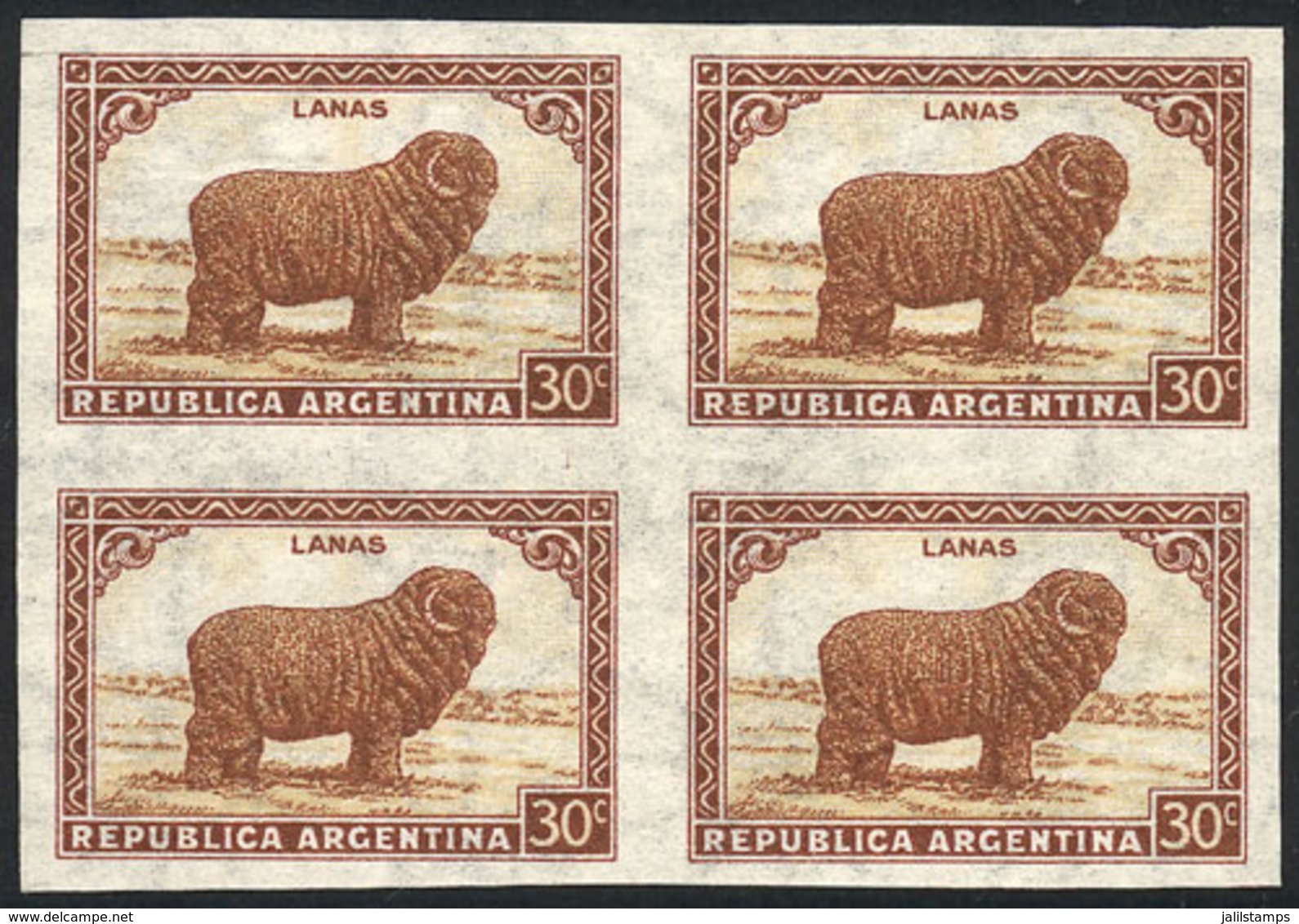 272 ARGENTINA: GJ.788P, 30c. Sheep, Straight Rays Watermark, IMPERFORATE BLOCK OF 4, - Other & Unclassified