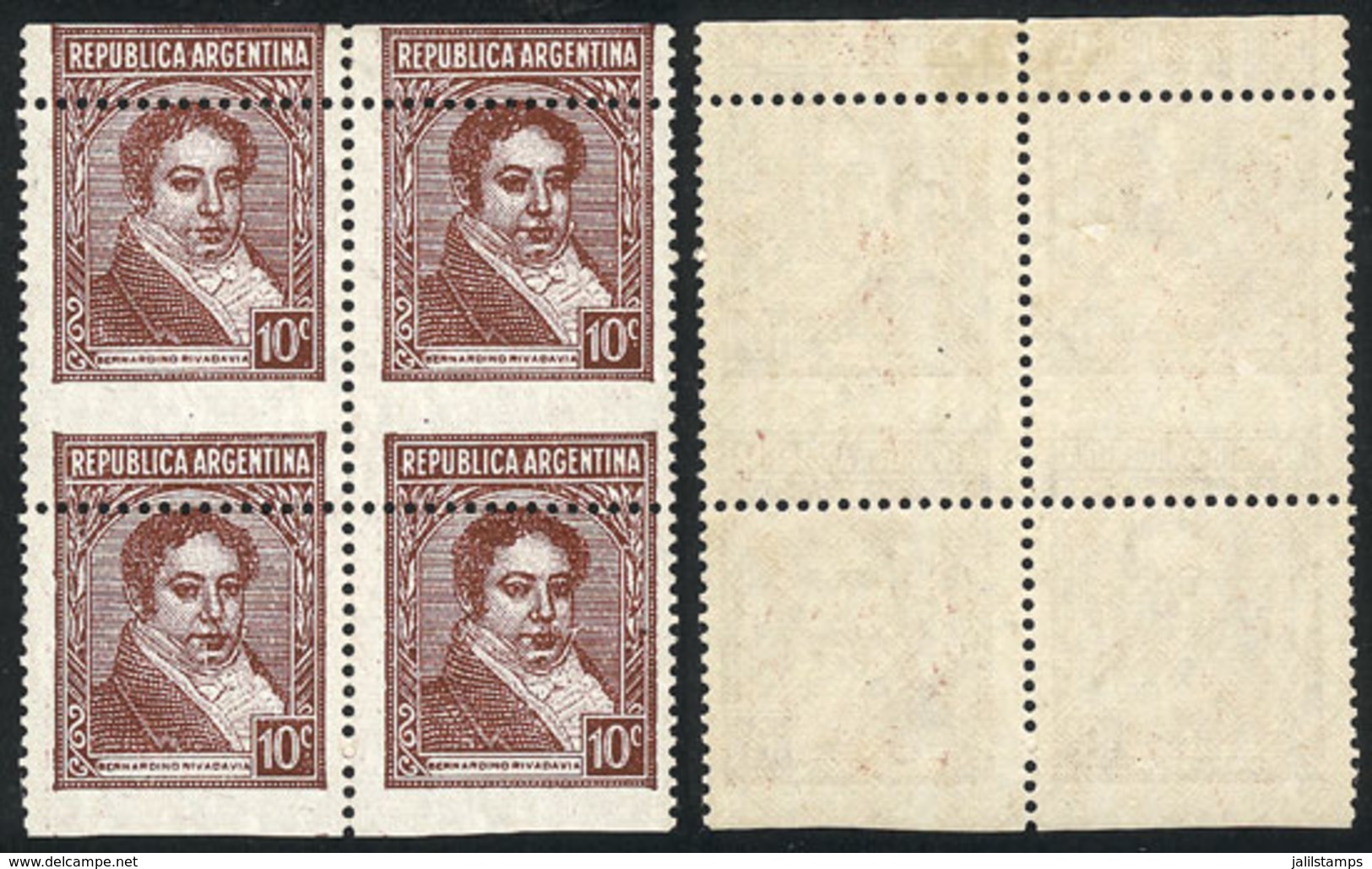 275 ARGENTINA: GJ.801, Block Of 4 With Strongly Shifted Horizontal Perforation, Fant - Other & Unclassified