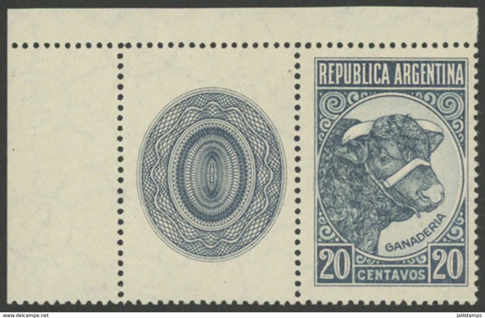 281 ARGENTINA: GJ.874CZ, 1942/52 10c. Bull With Wavy Rays Wmk, WITH LABEL AT LEFT Sh - Otros & Sin Clasificación