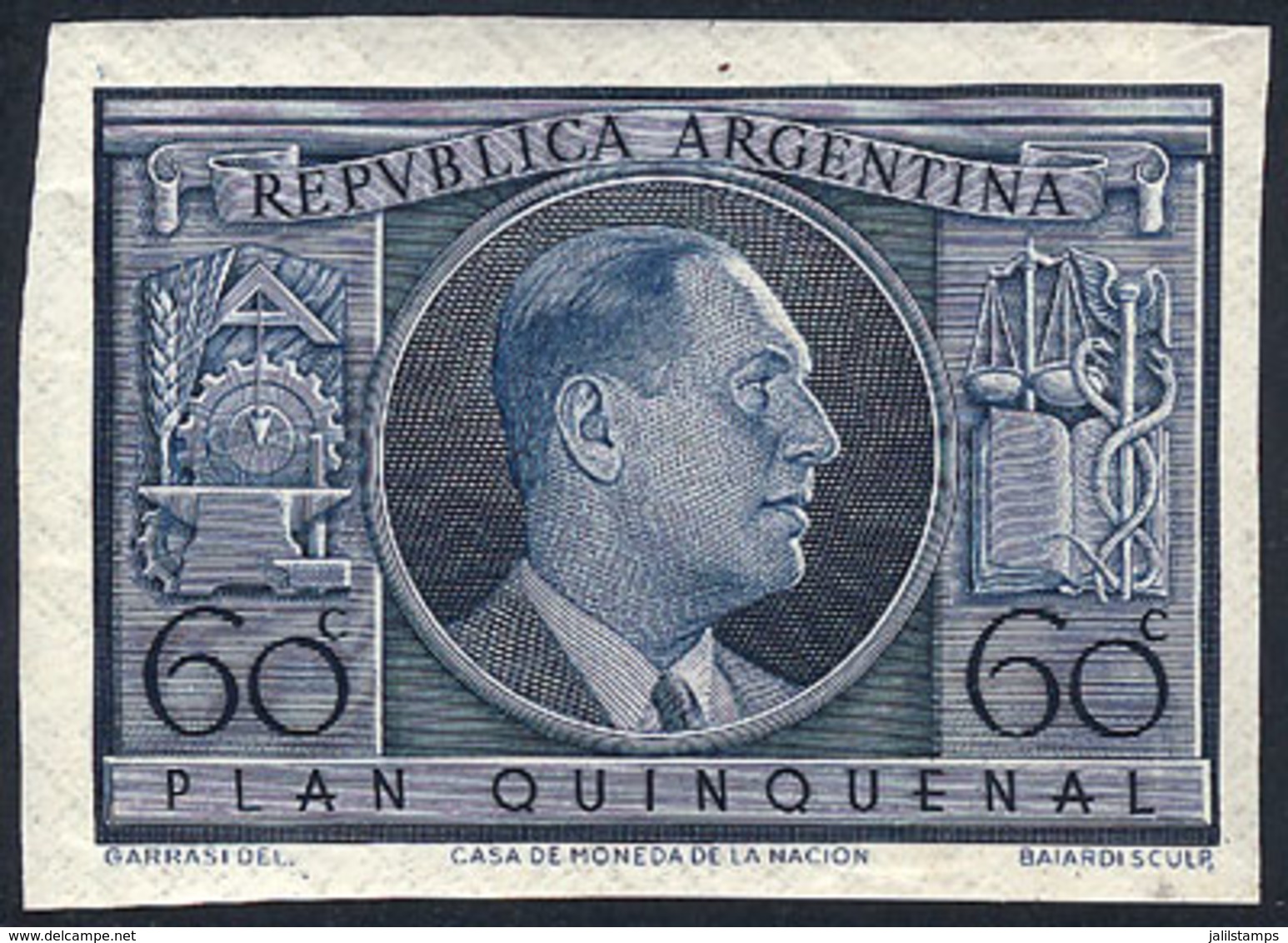 288 ARGENTINA: Year 1951, Juan Perón 60c. Slate Blue, Unwatermarked Paper With Gum, - Otros & Sin Clasificación