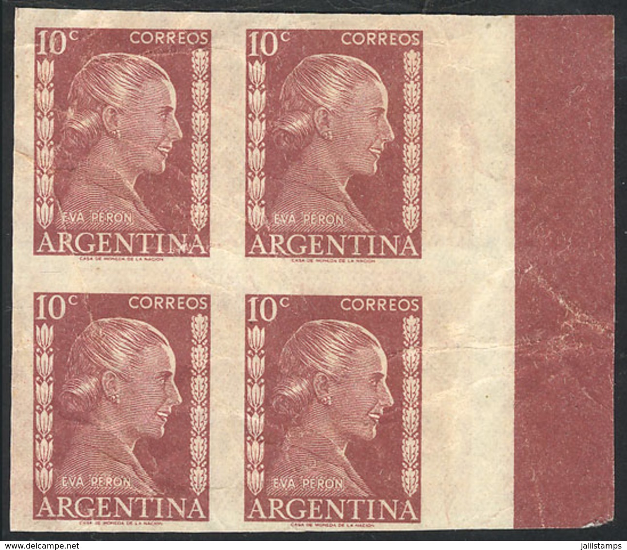 289 ARGENTINA: GJ.1005, Eva Perón 10c., PROOF In The Issued Color, Imperforate Block - Otros & Sin Clasificación