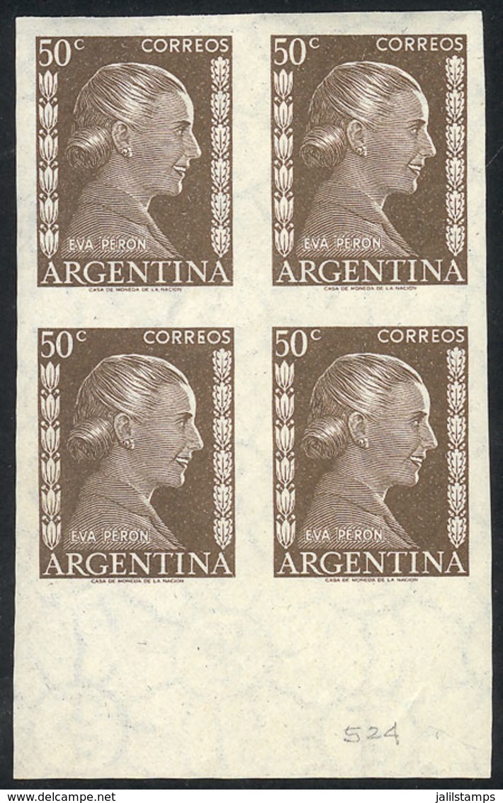 291 ARGENTINA: GJ.1010P, 50c. Eva Perón, IMPERFORATE Block Of 4, VF Quality! - Otros & Sin Clasificación