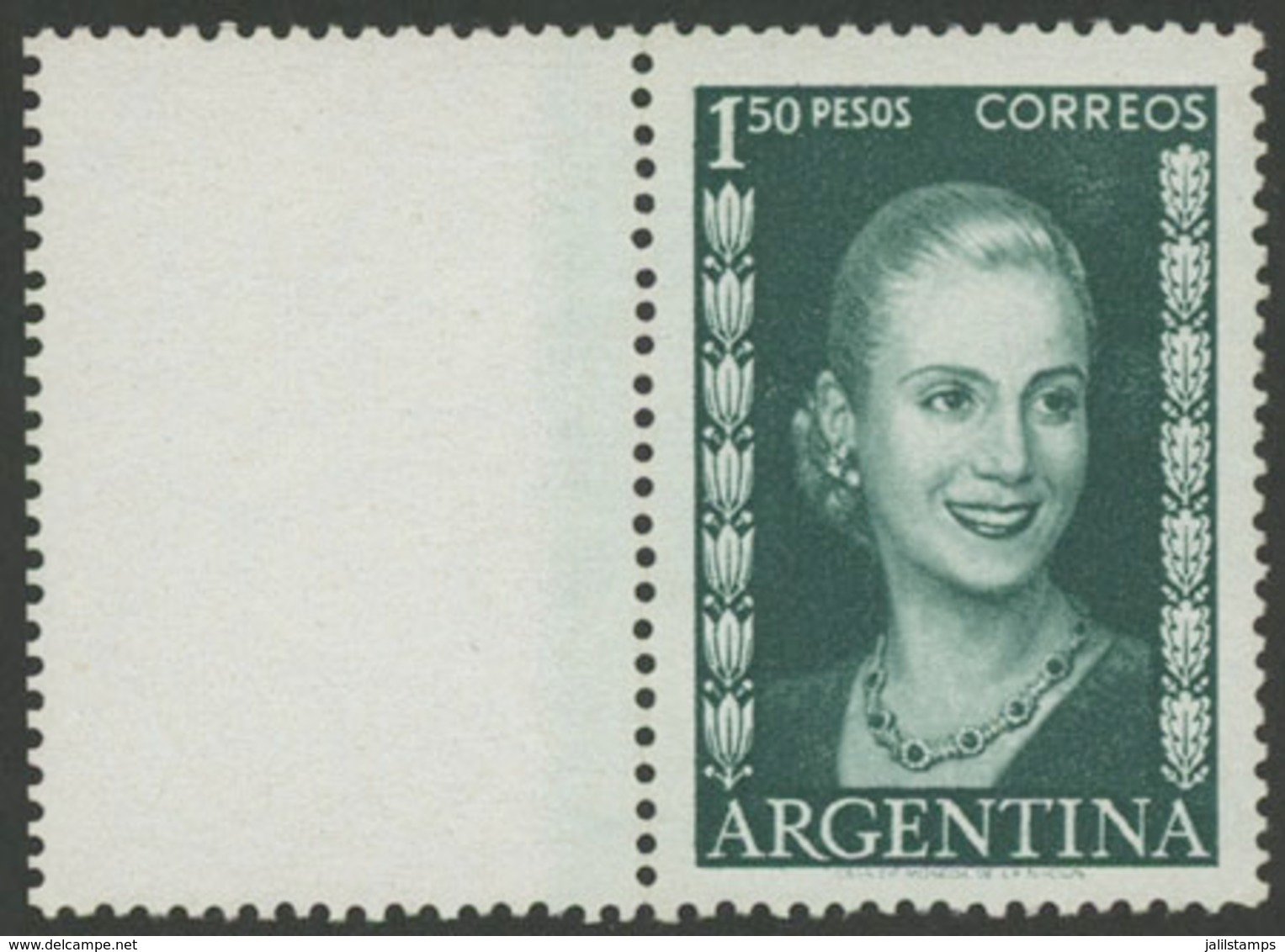 293 ARGENTINA: GJ.1012CZ, 1952/3 1.50P. Eva Perón, With White LABEL AT LEFT, MNH, Ex - Other & Unclassified