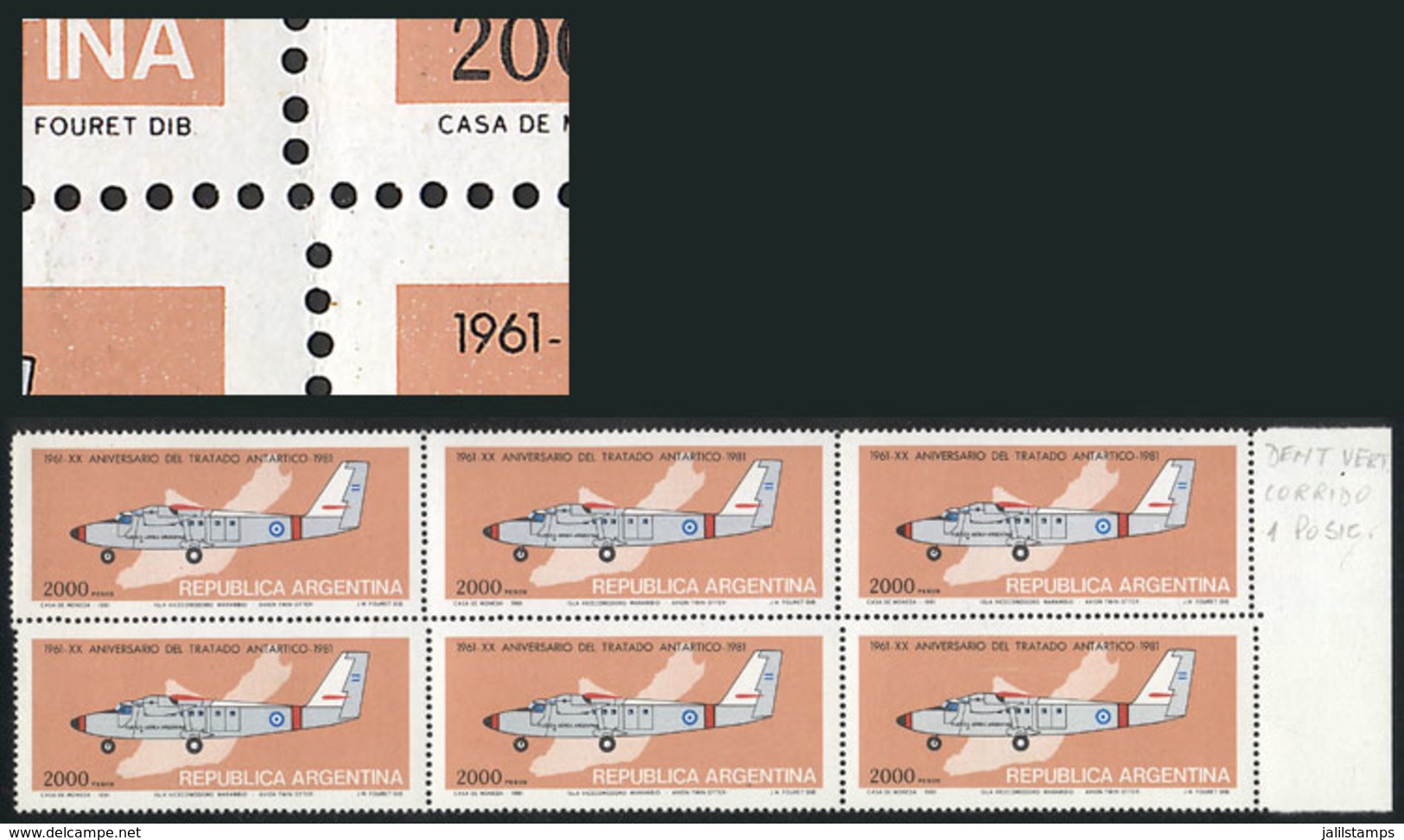 319 ARGENTINA: GJ.1980, Block Of 6 With Variety: STEPPED PERFORATION Between The Top - Otros & Sin Clasificación