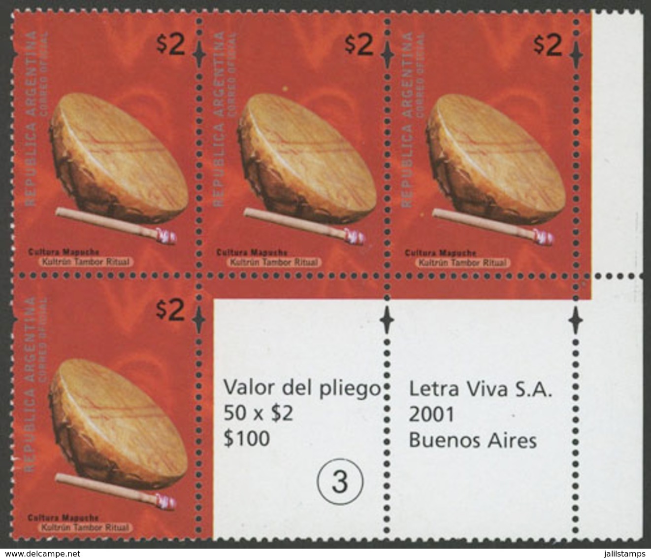 330 ARGENTINA: GJ.3095aCO3, 2000/8 2P. Indegenous Cultures, Block Of 4 Stamps + 2 La - Otros & Sin Clasificación
