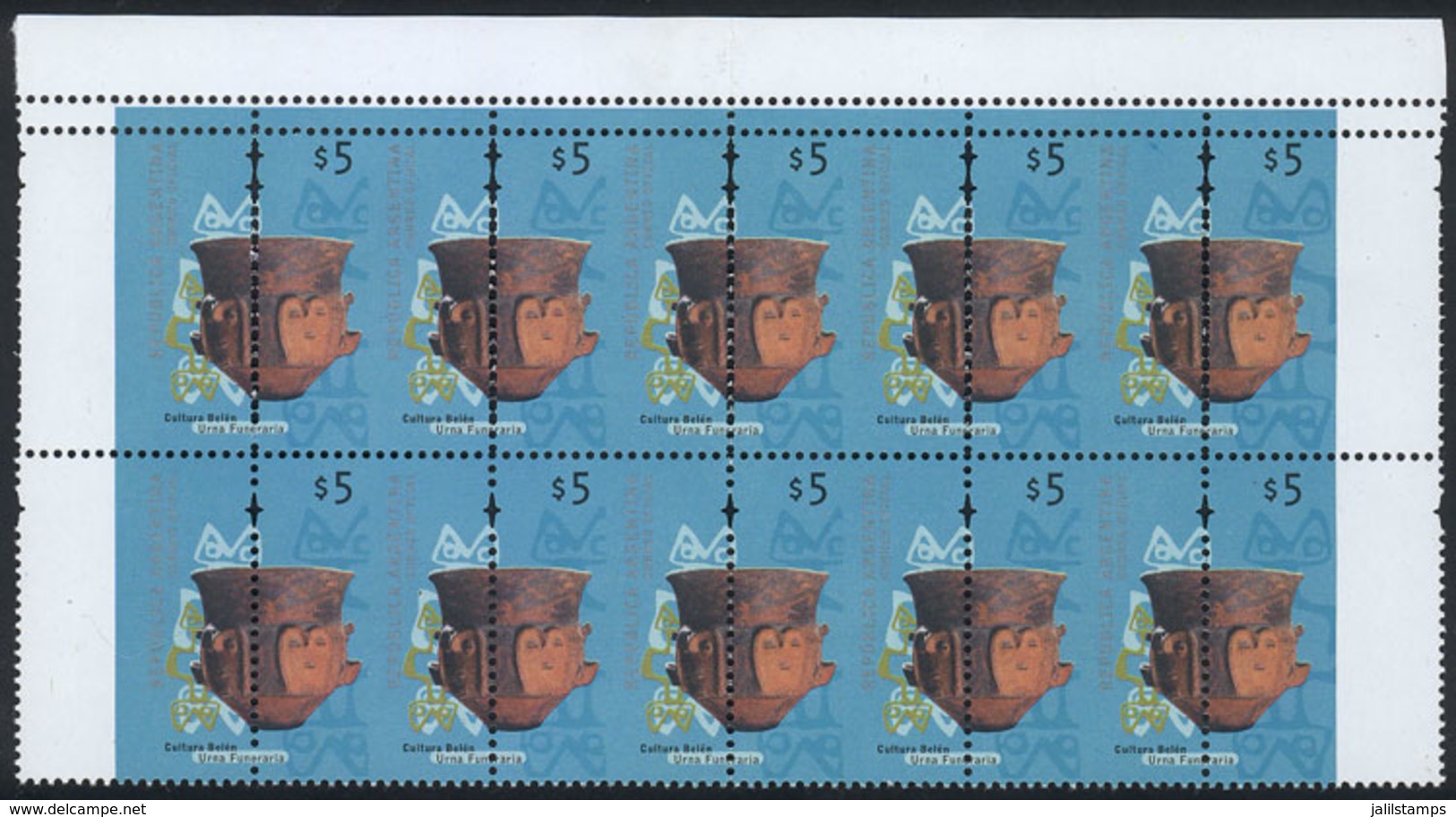 339 ARGENTINA: GJ.3707, 2008/9 5P. Funerary Urn, Block Of 5 Stamps (top Part Of The - Otros & Sin Clasificación