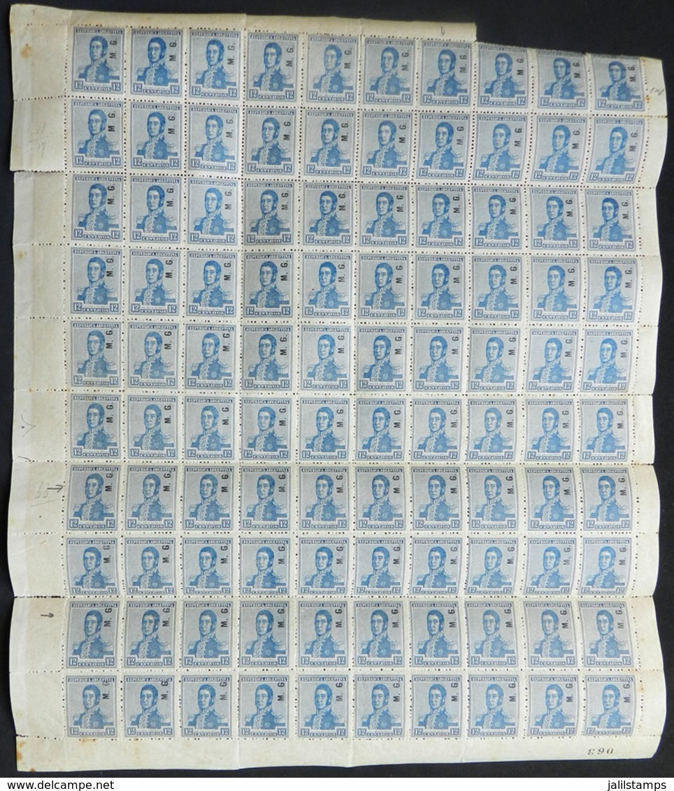 374 ARGENTINA: GJ.156, 1918 12c. San Martín Unwatermarked, Complete Sheet Of 100 Sta - Dienstmarken